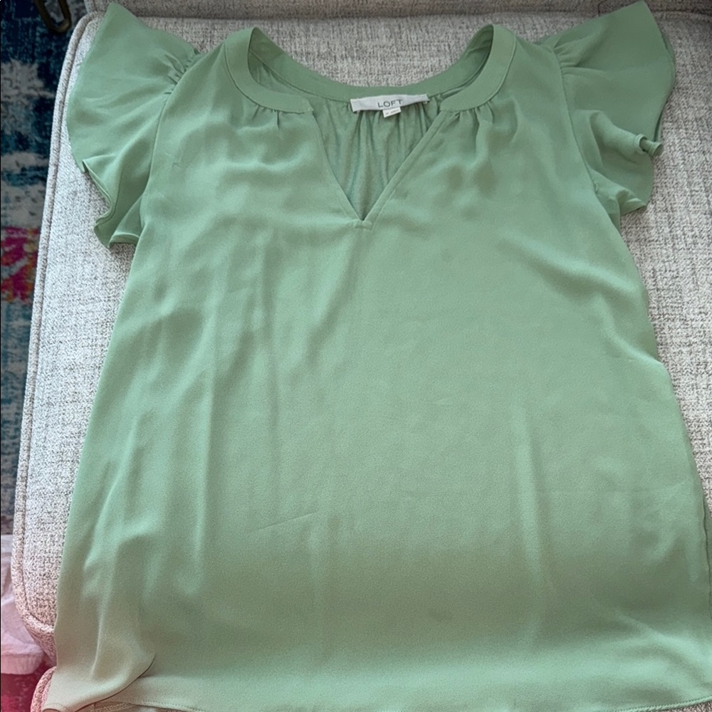 LOFT Green Ruffled Cap Sleeve Blouse